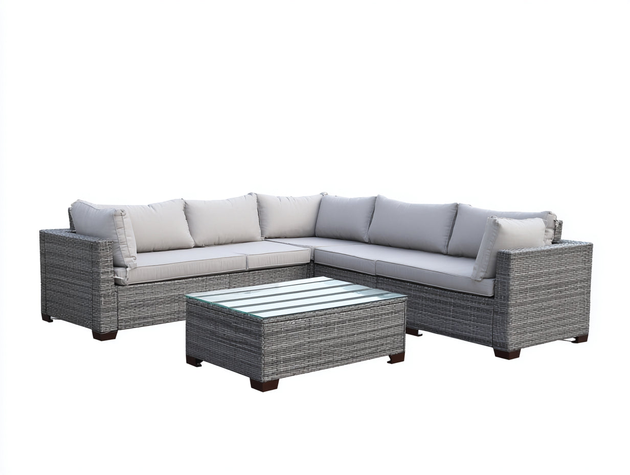 Sofás de exterior 260x260x75 cm - ratán gris y mesa con tablero de vidrio - diseño modular para jardín