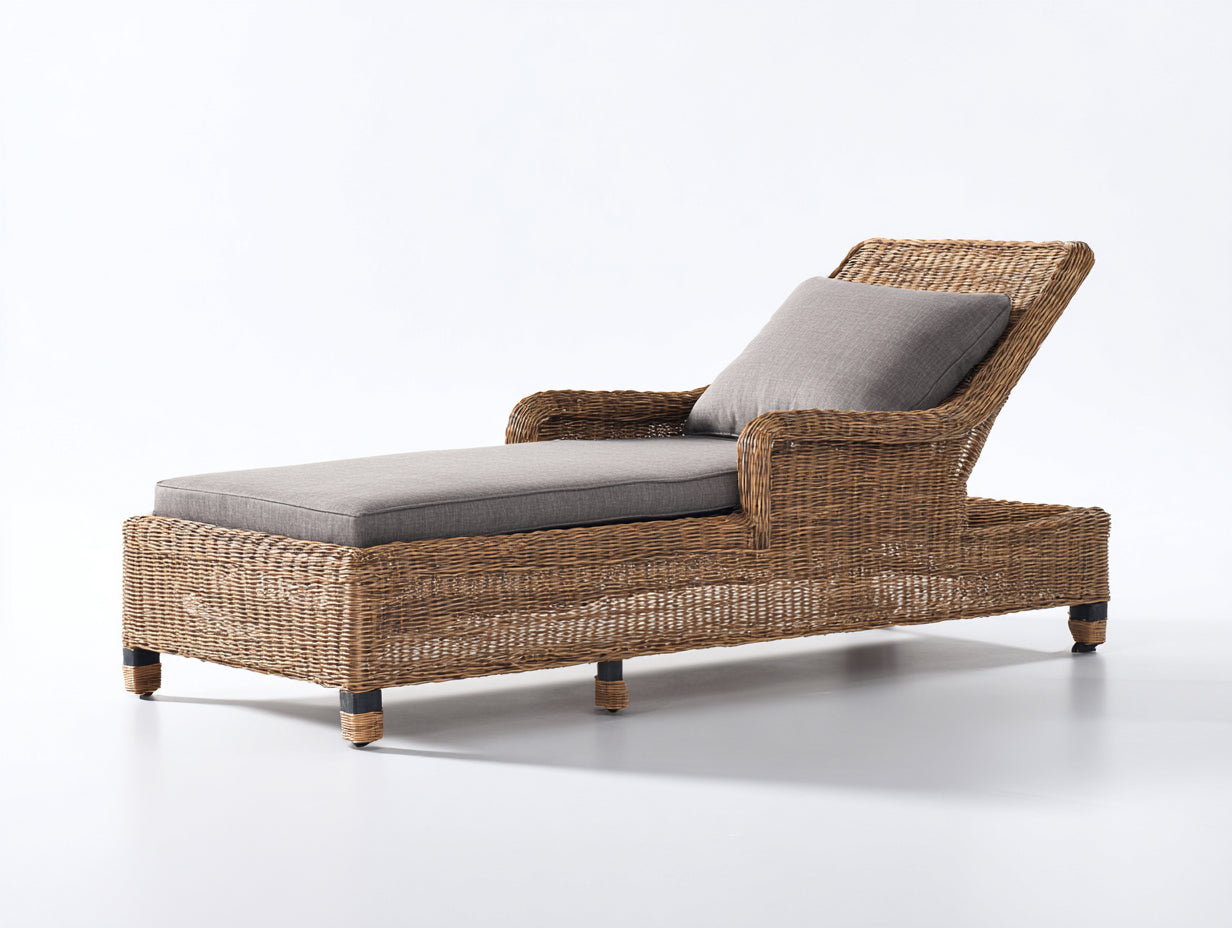 Tumbonas de jardín 180x68x86 cm - ratán natural y textil gris - diseño clásico para exterior