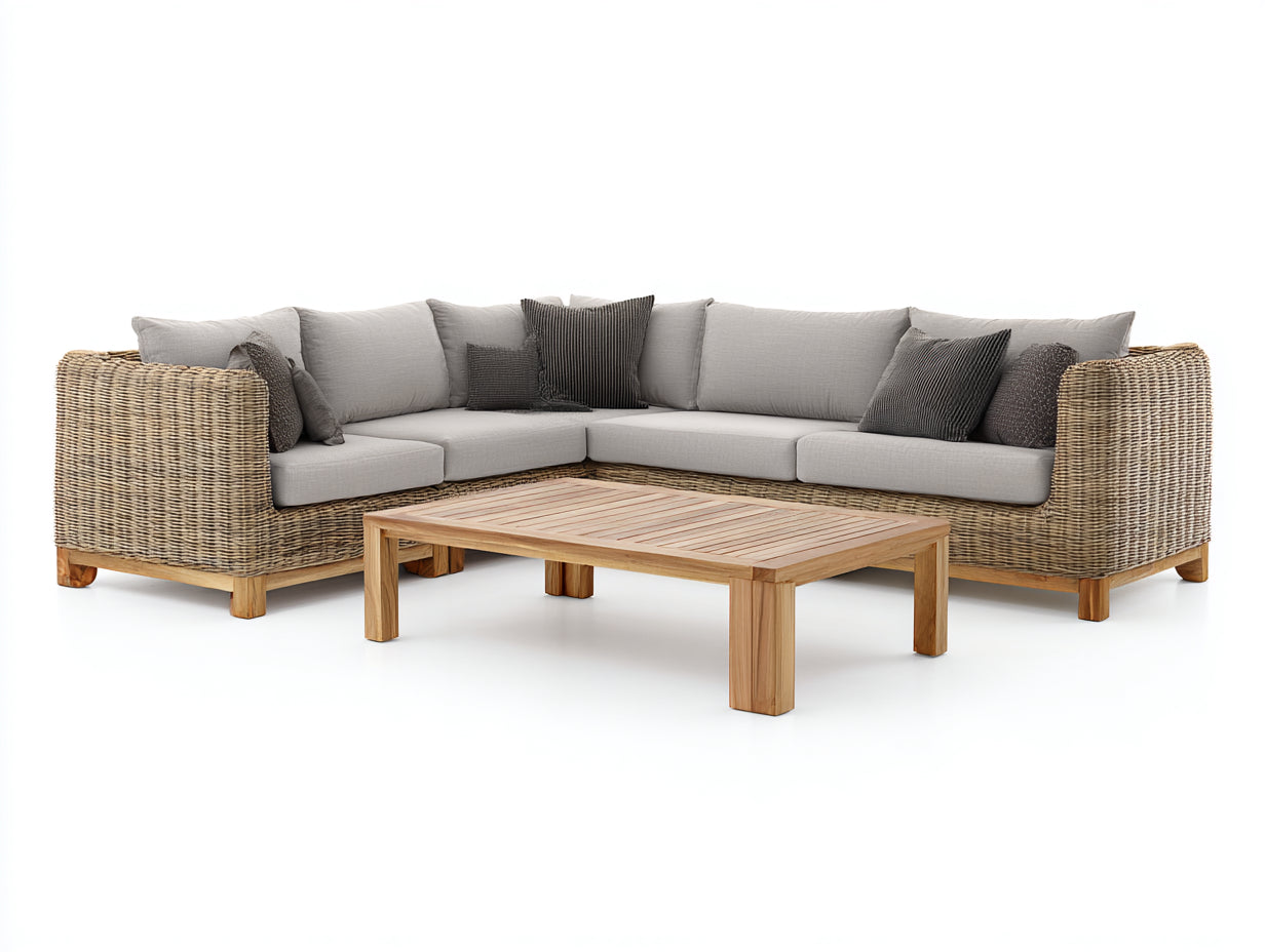 Sofás de exterior de ratán 260x210x75 cm - beige-gris-madera - conjunto esquinero con mesa
