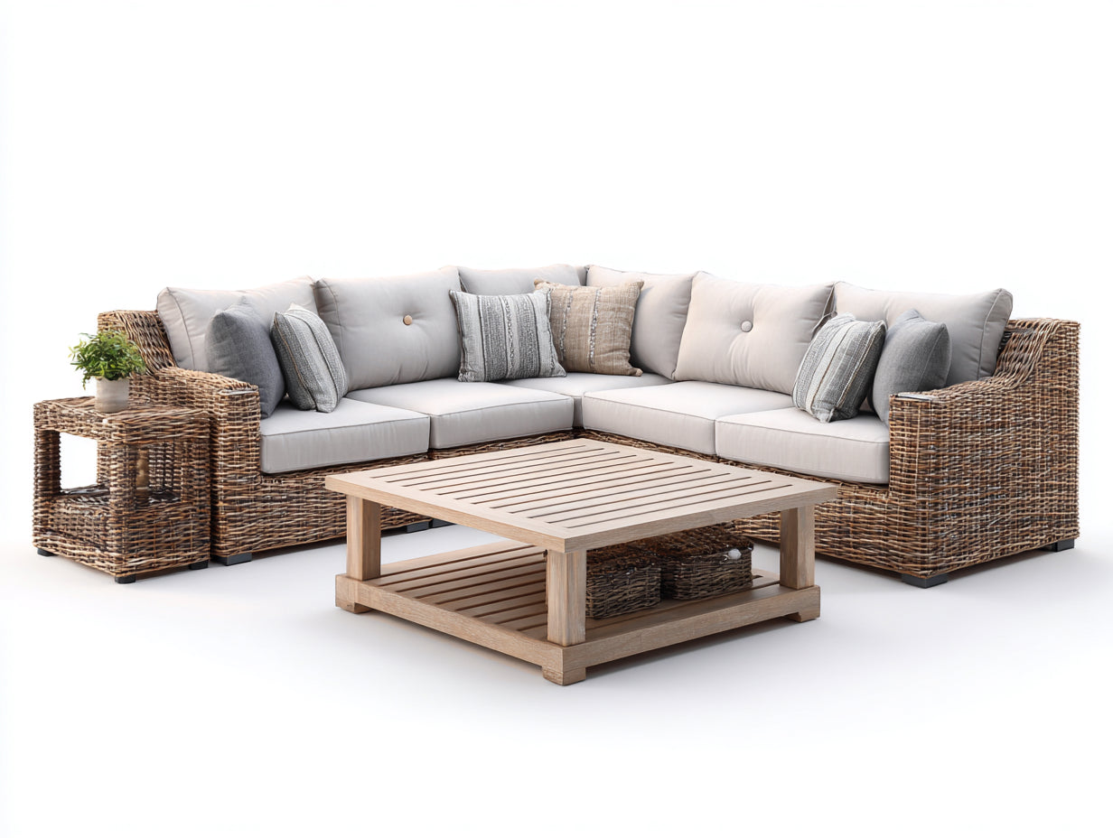 Sofás de exterior de ratán 285x285x74 cm - natural y beige para jardín - con mesa baja de madera