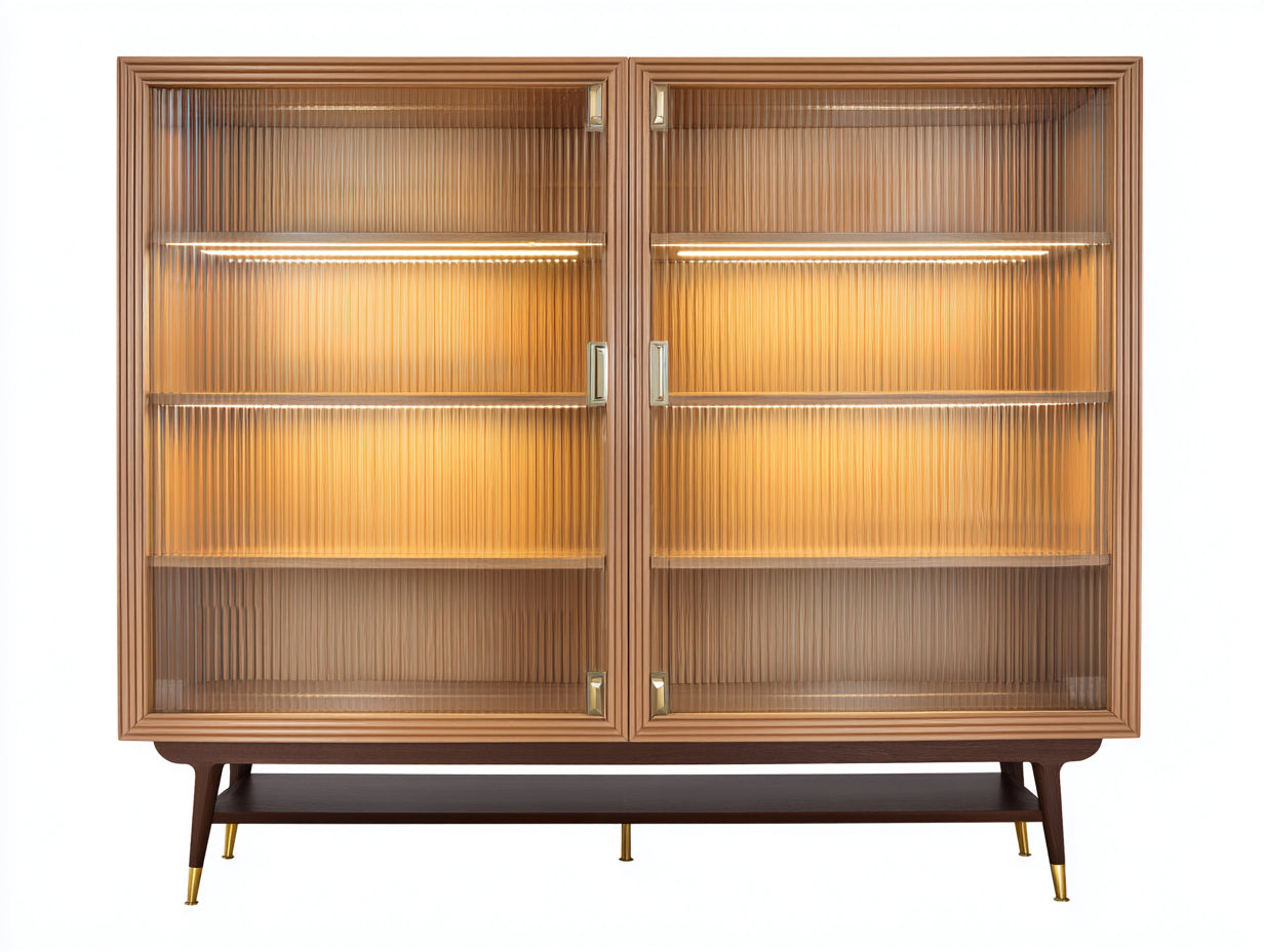 Estantería de madera con puertas de cristal 140x40x150 cm - madera natural - diseño moderno para salón