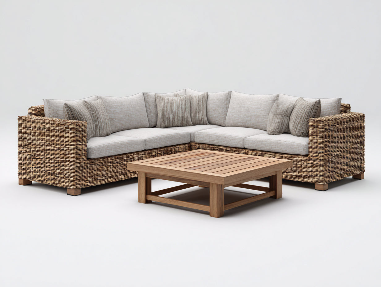 Sofás de exterior 260x260x75 cm - ratán natural y mesa de madera - diseño modular para jardín