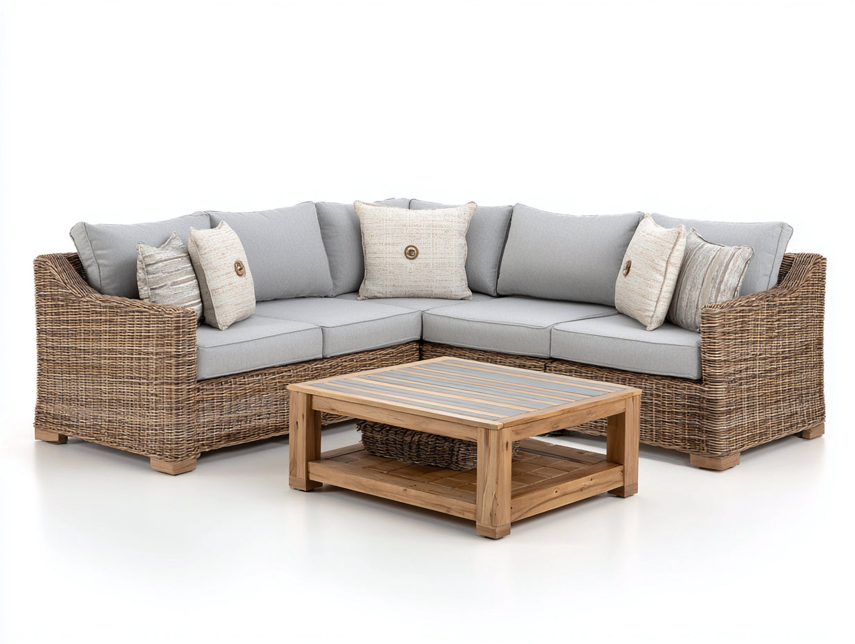 Sofás de exterior de ratán 280x280x76 cm - beige-gris-madera - conjunto esquinero con mesa