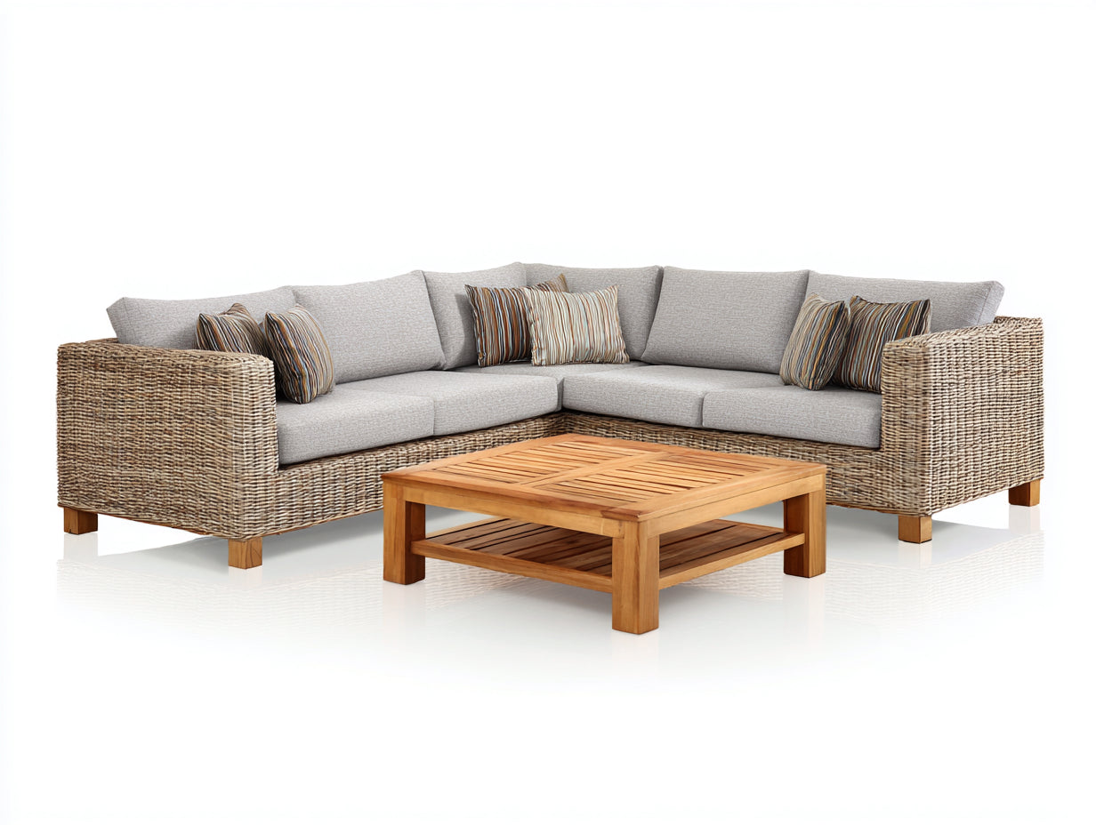 Sofás de exterior ratán y madera 280x280x78 cm - Beige-Gris-Marrón - Con mesa