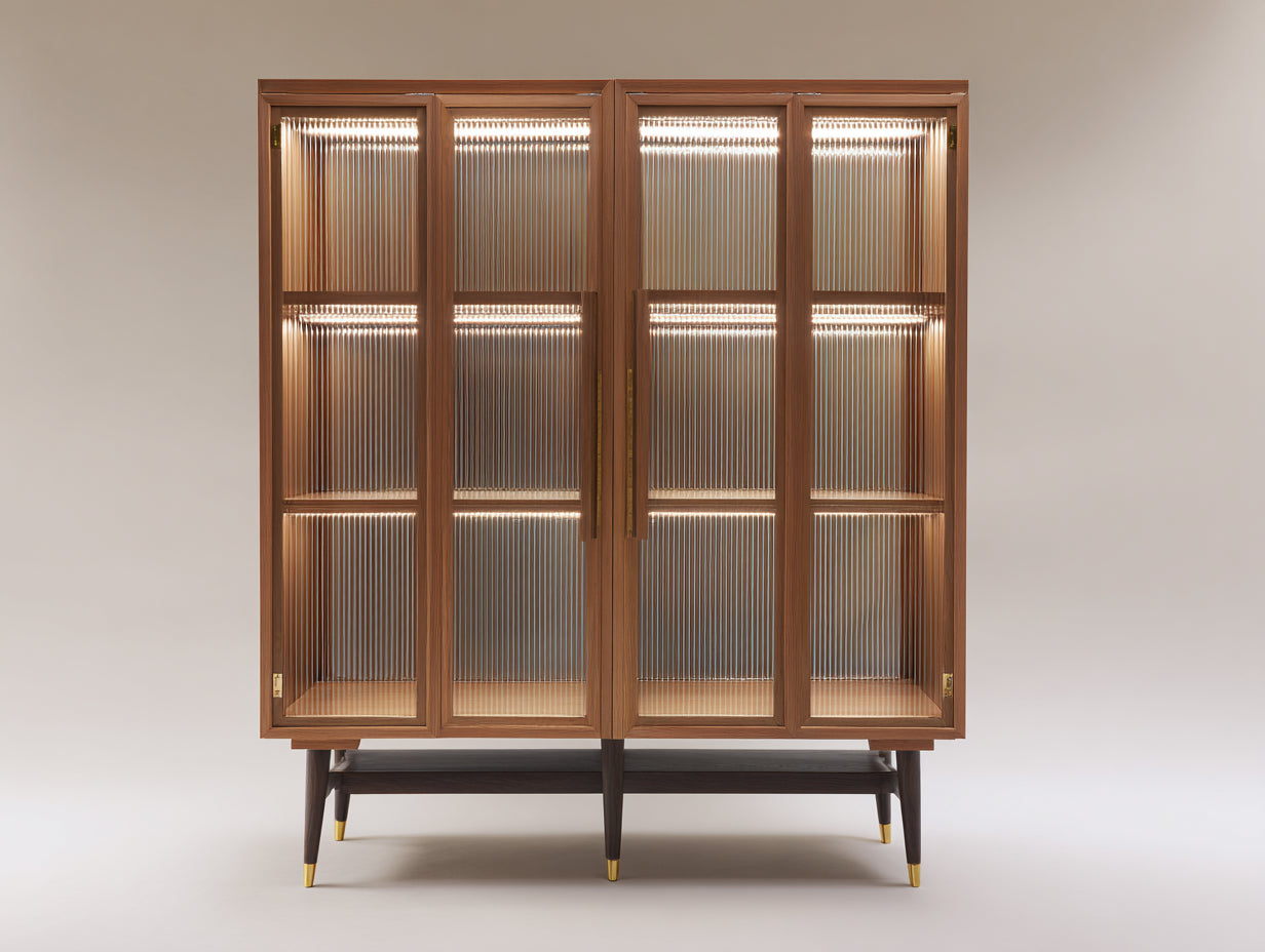 Estanterías 120x42x155 cm de madera y cristal - marrón-dorado - estilo moderno con puertas