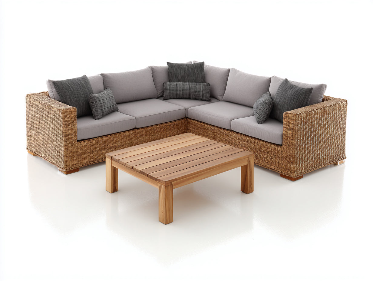 Sofás de exterior 260x260x78 cm de ratán y madera - marrón-gris - estilo moderno con mesa