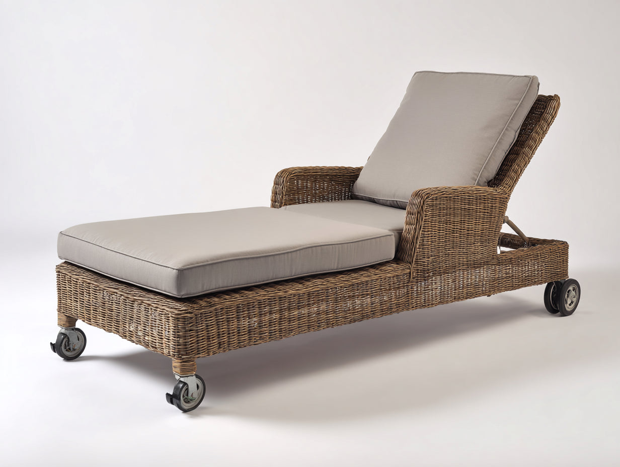 Tumbona de jardín de ratán 185x72x88 cm - marrón-beige - diseño reclinable con ruedas