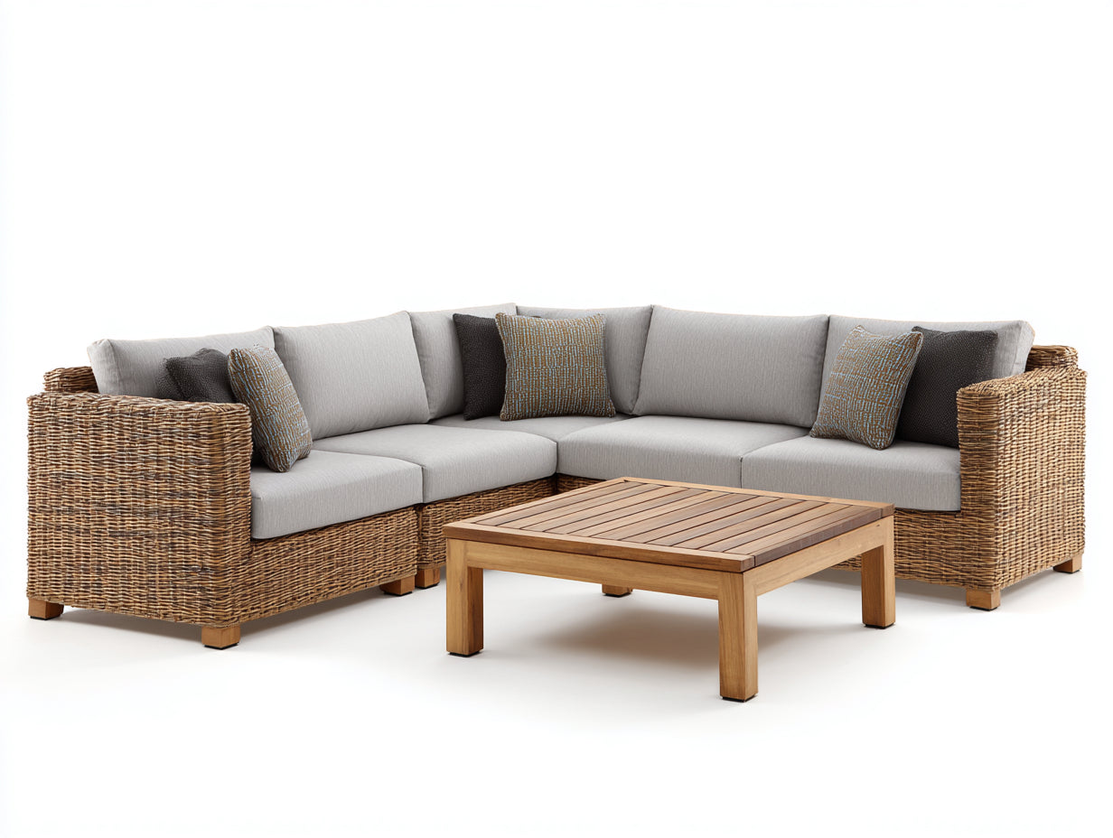 Sofás de exterior de ratán 265x265x72 cm - natural y beige para jardín - con mesa baja de madera