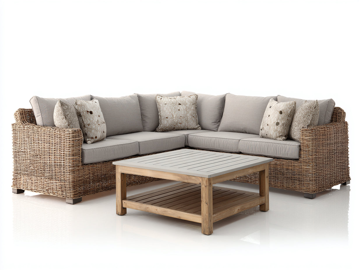 Sofás de exterior ratán y madera 280x280x78 cm - Beige-Gris-Marrón - Con mesa